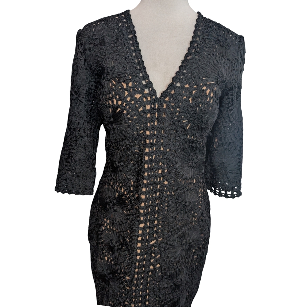 Jovani Black Lace Cocktail Dress Size 10 - 3/4 Sleeve V-Neck Fitted - Picture 9 of 12